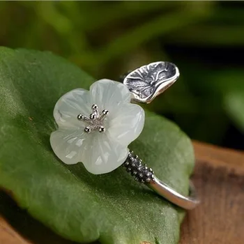 

S925 silver Hetian jade plum inlaid plum blossom five blessing symbol special meaning ladies jade open personality ring