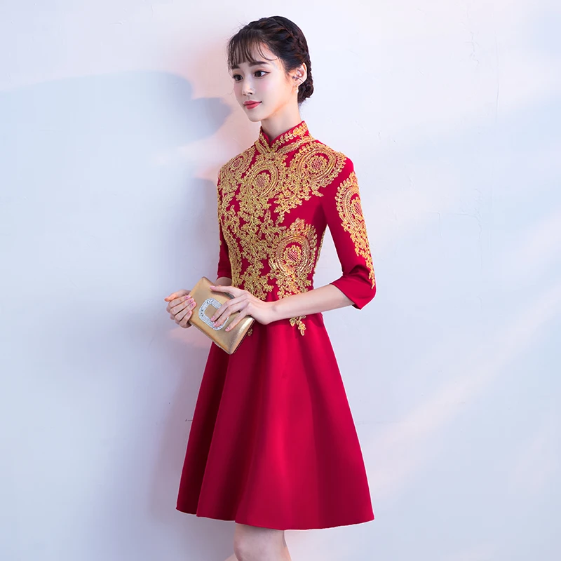 Мандарин воротник Cheongsam женское благородное вечернее платье сексуальное бургундское Половина рукава Qipao изысканная вышивка Robe De Soiree