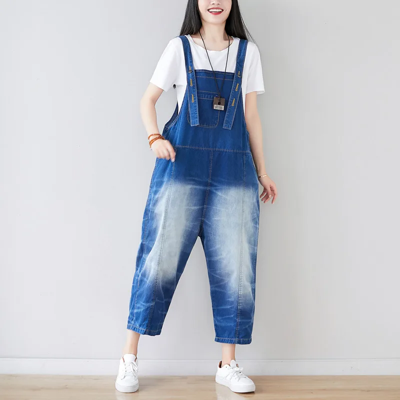 Bleached Denim Jumpsuit Women Overalls Vintage Jeans Loose Baggy Pants with Pockets Adjustable 3 Loops Straps 2022