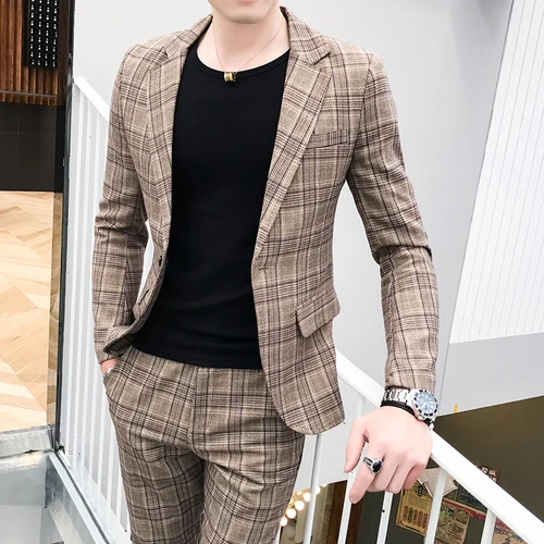 Dark Brown Мужские узкие в британском стиле Блейзер костюм комплект из двух предметов куртка с брюками высококачественный красивый мужской Костюм Джентльмена - Цвет: Dark Brown