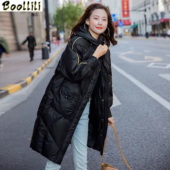 

Boollili Women's Down Jacket Oversize Winter White Duck Down Coat Hooded Warm Puffy Jacket Korean Long Parka