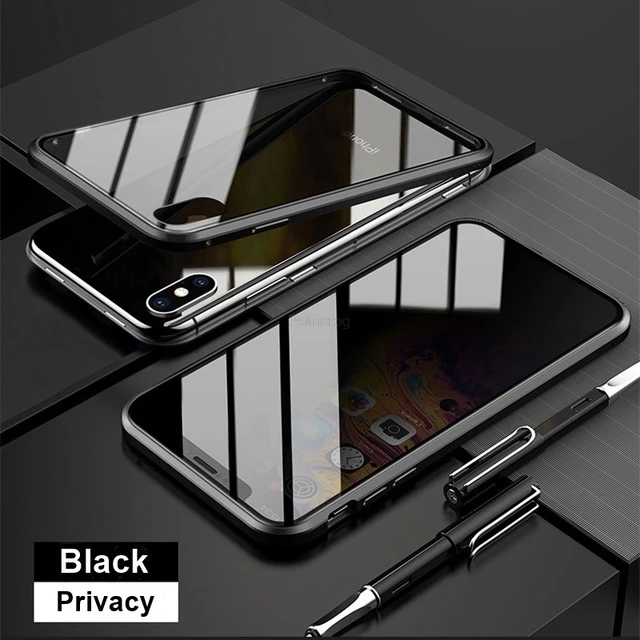 Black Магнитное закаленное стекло металлический чехол для iphone 11Pro XR XS 11 Pro MAX X 8 7 6S 6 Plus 360 магнит антишпионский защитный чехол - Цвет: Black