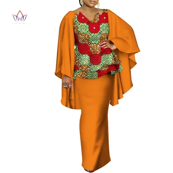 

African Dresses for Women Bazin Riche African Clothes 2 Pieces Sets Dashiki Women Print Ruffle Sleeve Top and Skirt Sets WY3498