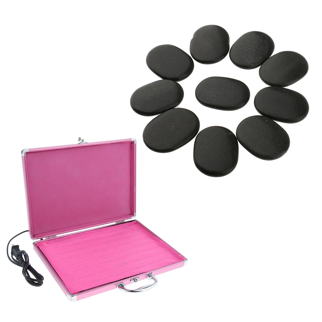 Hot Rock Heating Box Warmer Case Heater with 10 Pieces Massage Stones Set Kit for Beauty Salon SPA Home Use