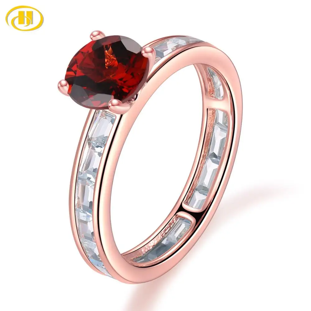 Garnet HUTANG, аквамарин, Halo, 925 серебряное кольцо для женщин, натуральный гранат, Стерлинговое Серебро, свадебные кольца, роза, драгоценный камень, ювелирное изделие, подарок - Цвет камня: Garnet
