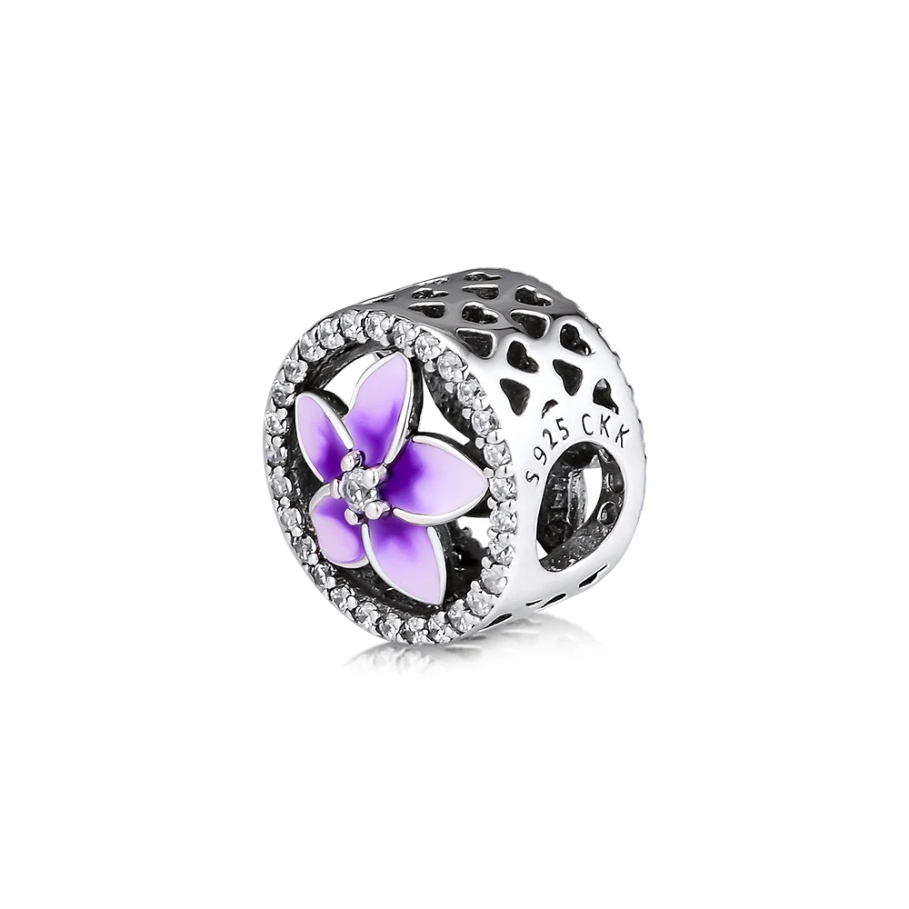 CKK DIY подходит для браслетов Pandora Charms фиолетовые Цветочные бусины с бледной вуалетовой эмалью 925 пробы-серебро-ювелирные изделия для женщин