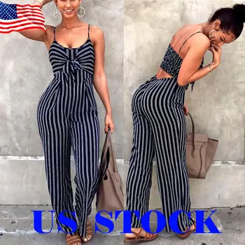 

2019 Elegant Striped Sexy Spaghetti Strap Rompers Women Sets Sleeveless Backless Bow Casual Wide Legs Jumpsuits Leotard Overal