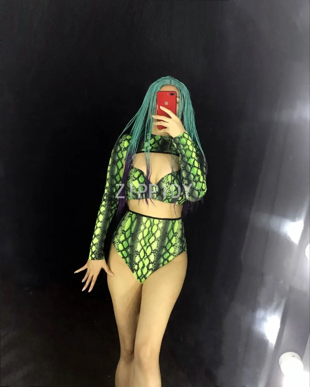 Зеленая змея печатных бюстгальтер короткие 3 шт. наряд ночной клуб женщины представление певцов и танцовщиков костюм День рождения, празднование комплект модной одежды