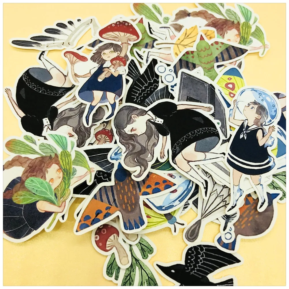 

42Pcs/Bag Vintage Girl Mushroom Bird Fish Sticker DIY Craft Scrapbooking Album Journal Happy Planner Decorative Stickers