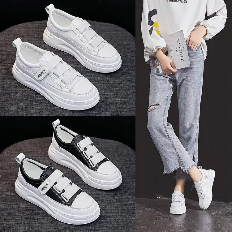 

Genuine Leather Velcro Shoes White 2020 Spring New Style Breathable Versatile Students Elevator Thick Bottomed Low-Cut Casual Bo