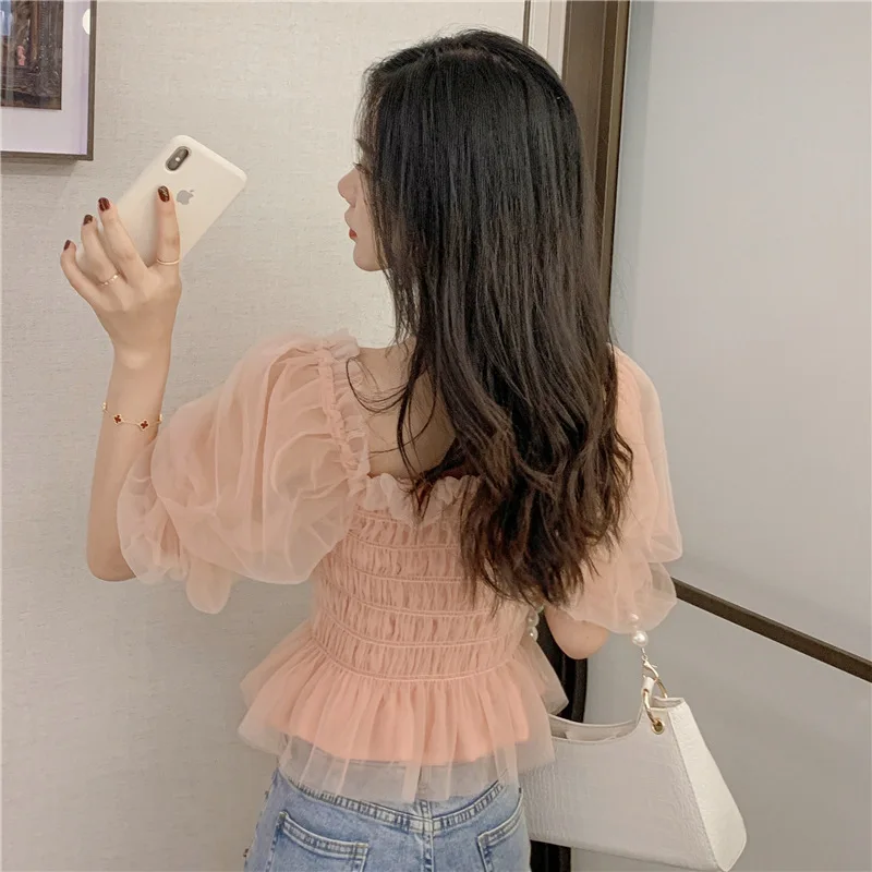 Summer Mesh Blouses Women Sweet Puff Sleeve Gauze Blouses Ladies Elegant Shirt Tops Square Neck Ruffle Ruched Chiffon Pink Top 4