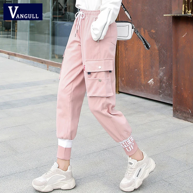 

Vangull Women Cargo Pants Letter Embroidery Casual Pants Autumn New Plus Size Adjustable Elastic Waist Loose Ankle-Length Pants