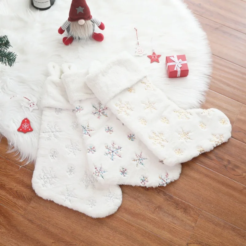 

Snowflakes Embroidered White Plush Christmas Stockings Gifts Bag Hanging Loops Xmas Tree Fireplace Candy Socks