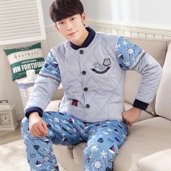 

2020 Winter Casual Thick Warm 100% Cotton Pajamas Sets For Men Long Sleeve Cardigan Pyjama Male Homewear Loungewear Home Clothes