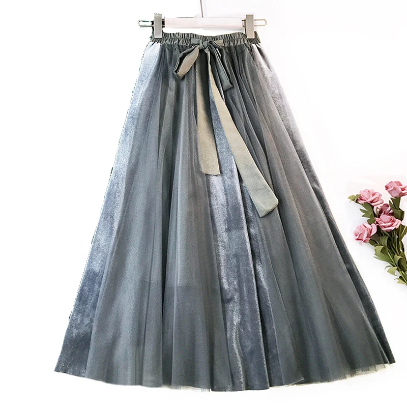 FairyShely, бархатная плиссированная длинная юбка для женщин, Осень-зима, эластичная лента, высокая талия, Теплая юбка, кружевная, макси, офисная юбка - Цвет: gray velvet Skirt