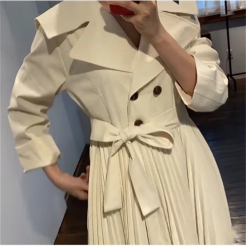 

French Retro Elegant Lady Trench Fall Winter Solid Color Pleated Lace-up Double-breasted Long Windproof Coat 2020 Female Outwear