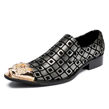 

Metal Italian Men Formal Pointed Toe Wedding Dress Shoes Plaid Genuine Leather Office Work Block Heels Male Loafers Large Size