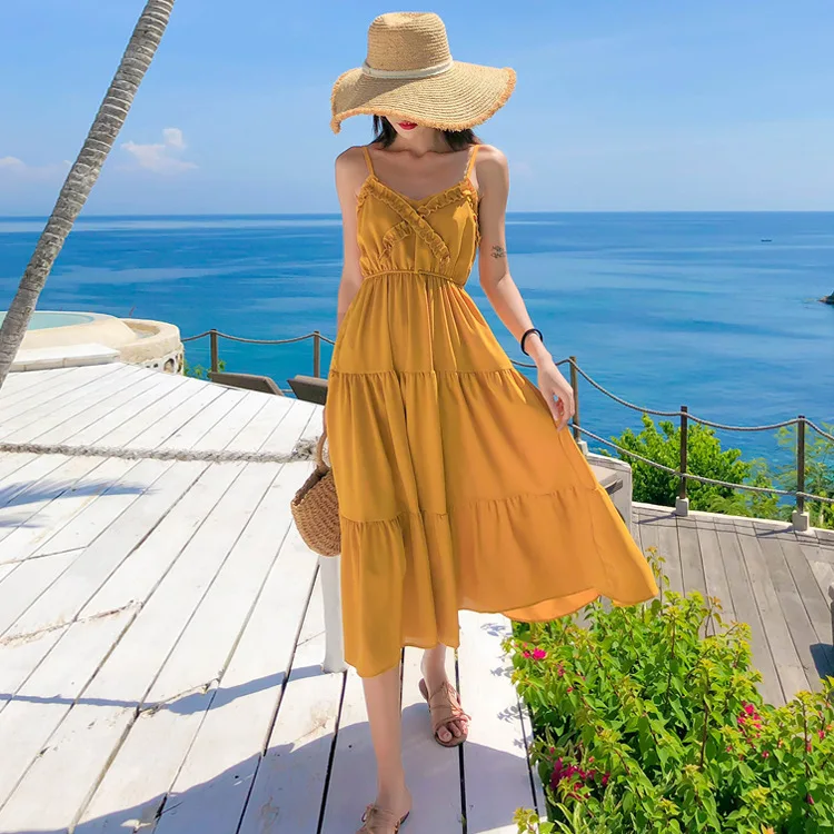 

Yellow Chiffon Strapped Dress Fairy Immortal Bow Elegant Waist Hugging Slimming Backless Beach Skirt Holiday Skirt