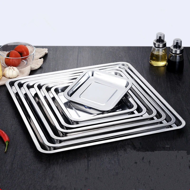 Square Stainless Steel Food Fruit Storage Tray Cake Barbecue Pastry Steamed Sausage Shallow Pans Plate Dish Kitchen Accessories