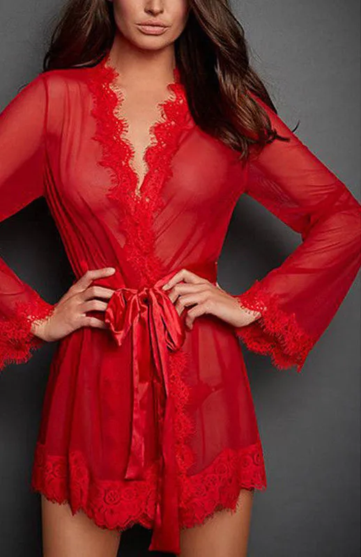 Summer Sexy Lace Nightwear Erotic Lingerie Sleepwear Women  See Through Sleep Dress Solid Lace Pajamas Bath Robe Dress Nightgown