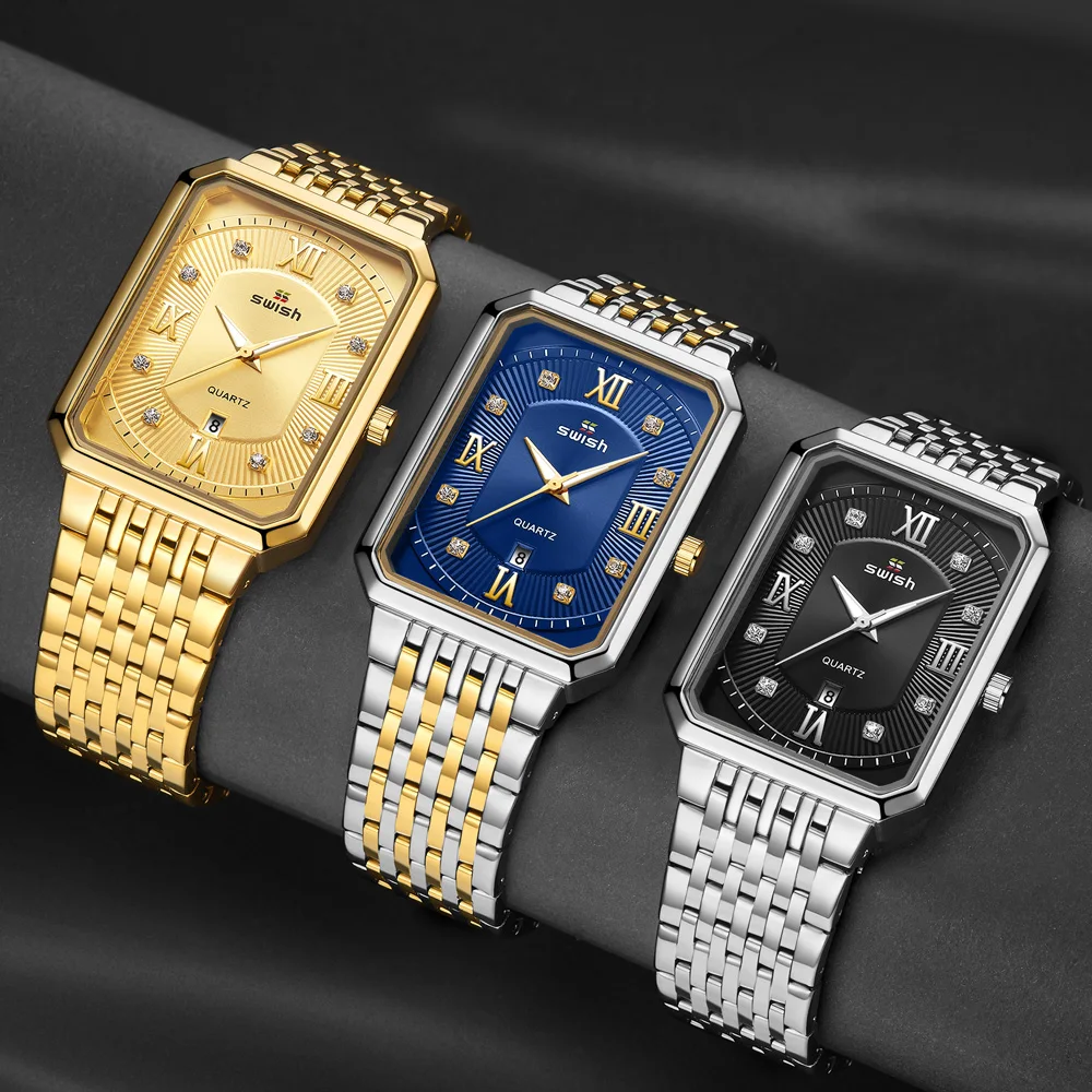 Swish Fashion Quartz Men Watch Roman Numbers Rectangle Gold Black Steel Wristwatch Waterproof Relogio Battery
