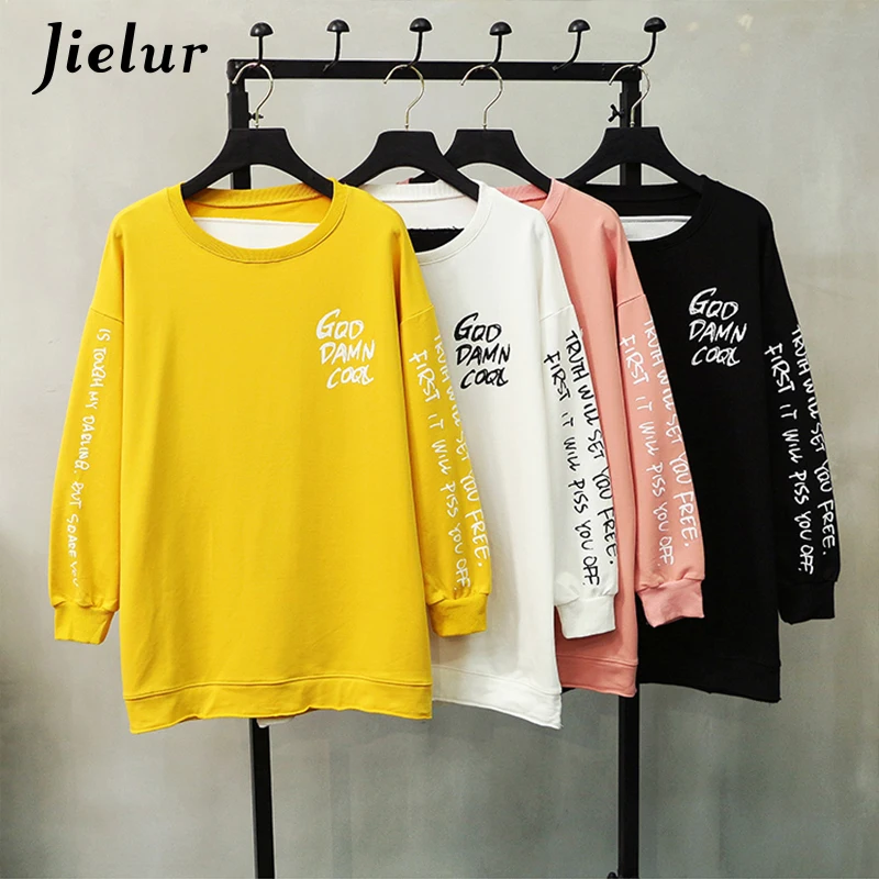 Baratos Jielur Holes letra impresa Hollow Cool Kpop Hoodie fino blanco negro Sudadera Mujer M XL joven otoño Sudadera Mujer Dropship
