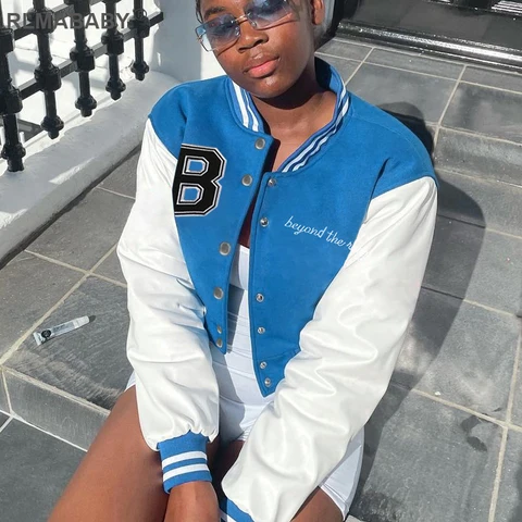Autumn Winter Women Patchwork Color Cropped Baseball Jacket Sexy Streetwear Long Sleeve Letter Print Short Outwear Coat
