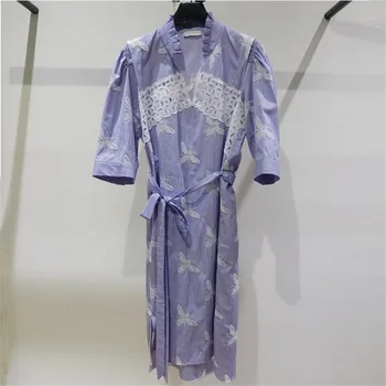 

French Elegant Summer Bee Embroidery Stripes Waist Women's Wear Dress