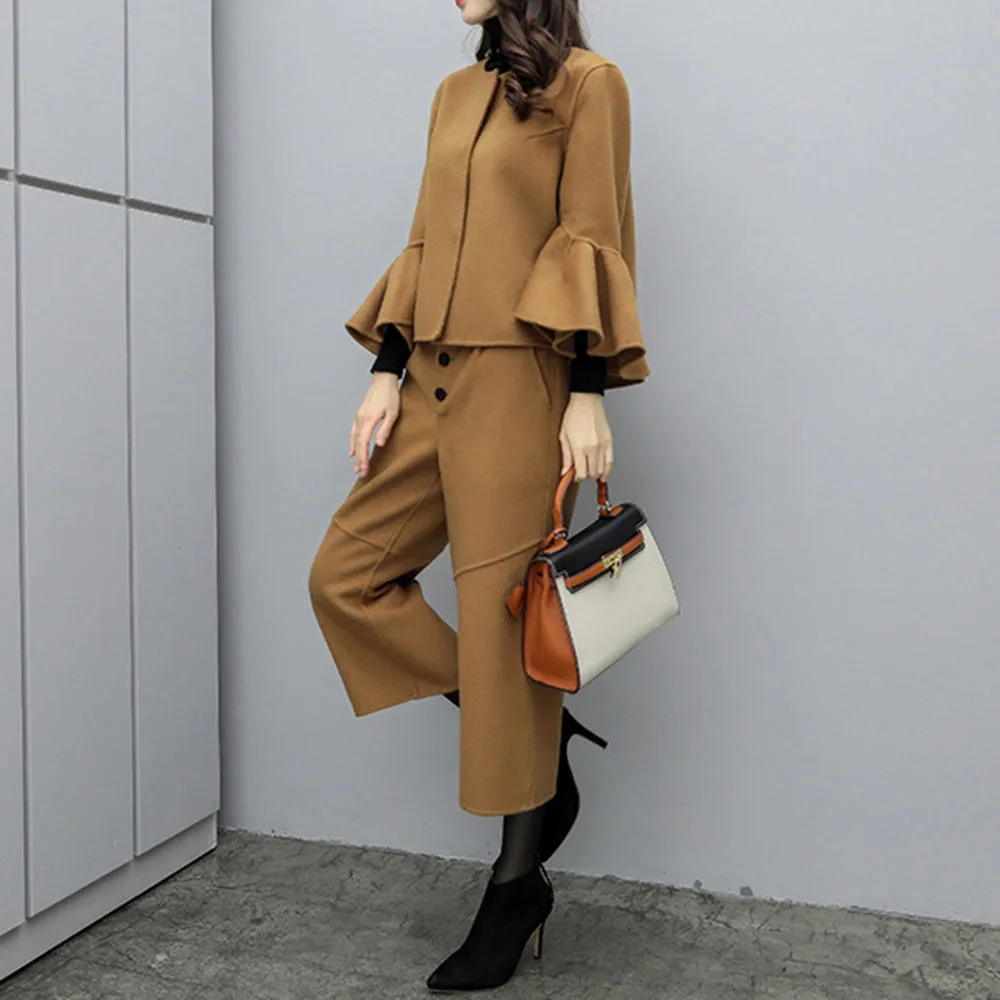 

Two Piece Set Korean Solid Ruffled Wool Coat And Wide Legs Long Pants Spring Women Sets Office Ladies Causal Suit Black Outfits