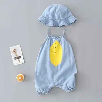 

Baby Summer Suspender Pants Hat Two-piece Set Children Denim Fruit Print Sleeveless Pants Rompers Overalls Trousers