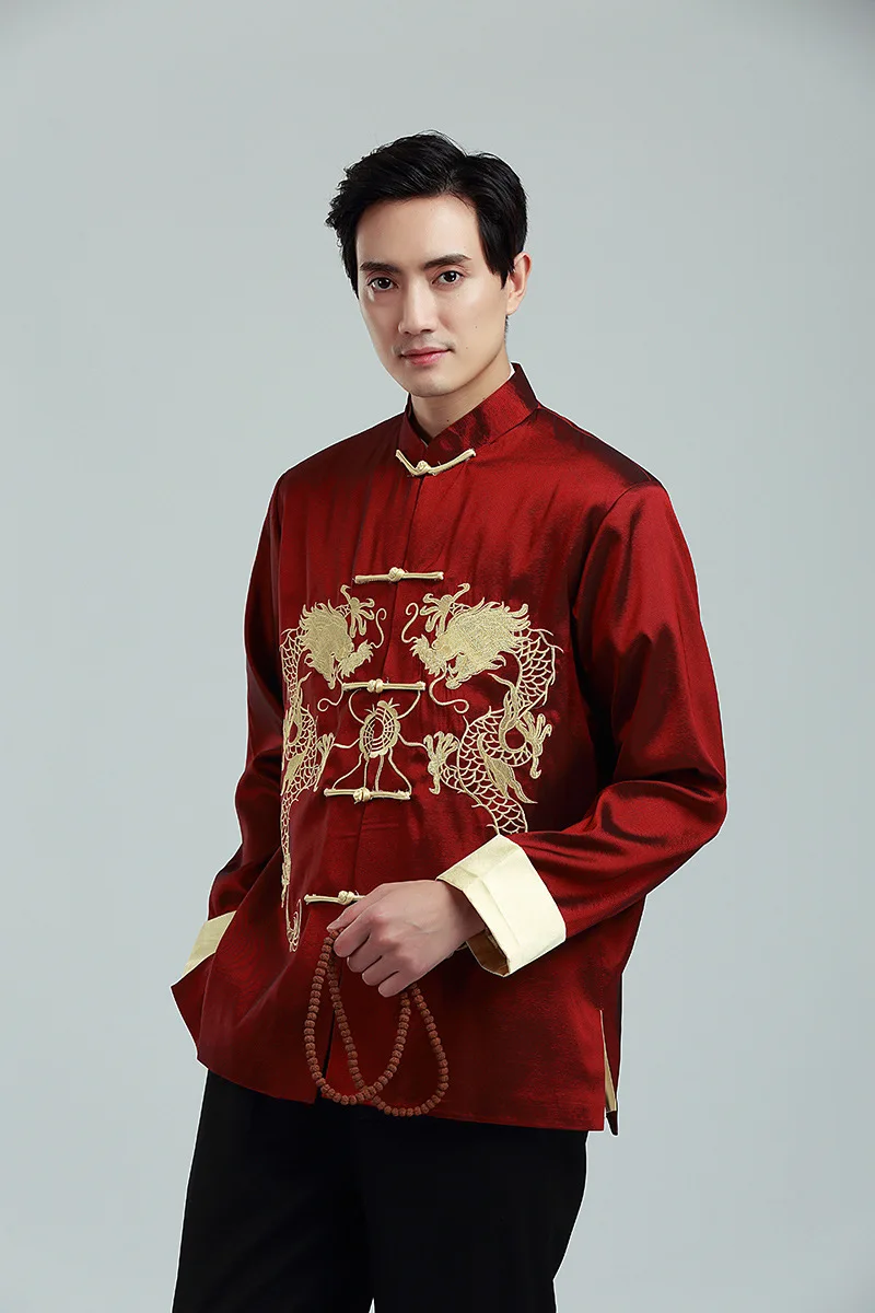 Традиционная китайская одежда для мужчин костюм Тан Вышивка Дракон куртка китайский год рубашка Топ ханьфу Кунг фу одежда