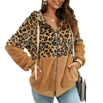 

2020 Women Autumn Winter Jackets Leopard Print Color Block Patchwork Jacket Zip Hooded Outwear Coat veste femme manteau femme