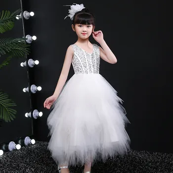 

White 2019 Kid Girl Tulle Formal Ball Gown Teen Girl Princess Birthday Wedding Party Dresses Children Elegant Bead Pageant Dress