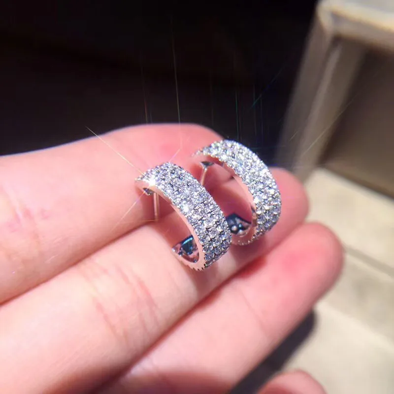 

Hot Fashion Silver Color Circle Crystal Ear Buckle Stud Earrings Luxury Three Row Rhinestone Wedding Earrings Women Gift Z3T394