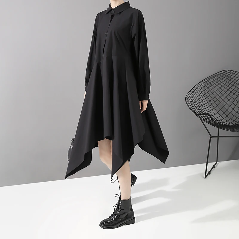 Новинка, женское осеннее модное платье-рубашка с длинными рукавами, однотонные черные Асимметричные женские стильные повседневные платья, роковой 5510