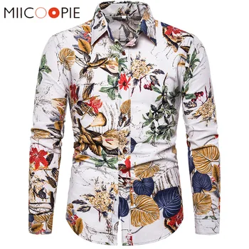 

Fashion Casual Cotton Linen Men Shirts Random Floral Printed Turn Down Collar Male Long Sleeve Camisa Hawaiana Hombre M-5XL