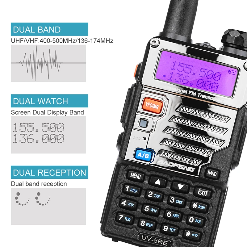 2 шт. Baofeng UV-5RE Walkie Talkie сканер радио двухдиапазонный Cb Ham радио приемопередатчик UHF 400-520 МГц VHF136-174MHz 5 Вт 128CH lcd
