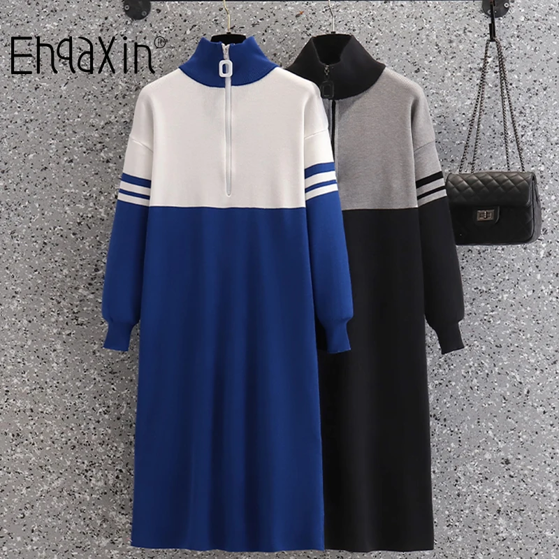 

EHQAXIN Women's Knitted Dress Fashion Loose High Collar Thicken Color Stitching Sweater Dress Female Lazy Style M-4XL
