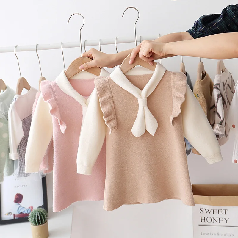 

Girls Sweater Dress 2019 2-7 Years Old Autumn Korean Knitted Soft Dress Ruffle Bow Baby Long Sleeves Dress