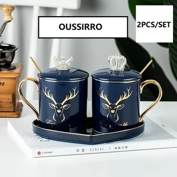 

OUSSIRRO 2PCS/SET European style Mug Simple Couple Ceramics coffee Mugs Lid and Spoon with Gift Box Christmas Gift for Friends