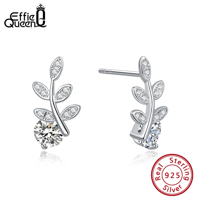 Effie queen, настоящие 925 пробы, Серебряные Листья, дизайн, AAAA, циркониевые серьги-гвоздики, CZ, для женщин, девушек, серьги, ювелирное изделие, рождественский подарок, TSE174 - Цвет камня: TSE174-P