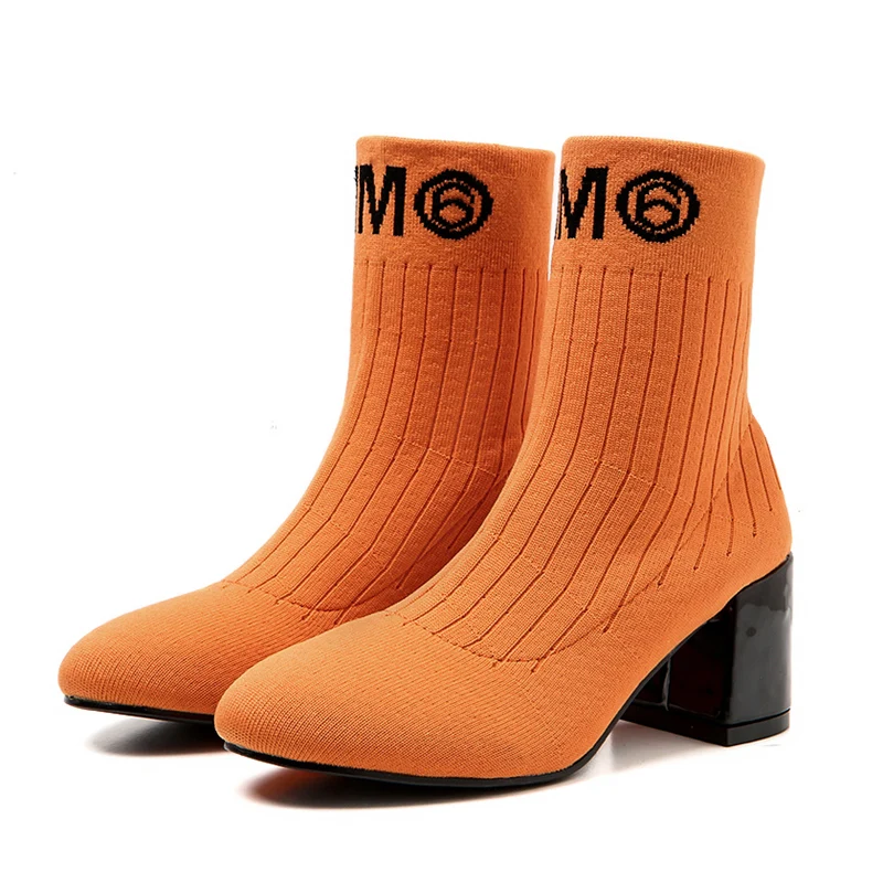 

2019 Luxury Women Design Ankle Boots Peach Orange Sock Boots Lady Sexy Stretch Low Square 7cm High Heels Shoes Casual Bootee