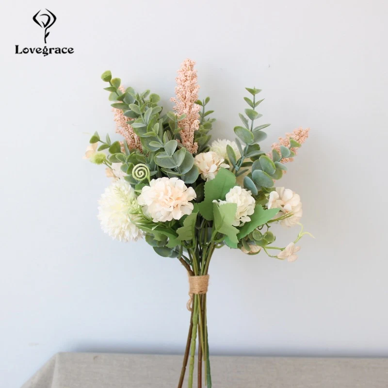 A-light champagne Lovegrace Свадебный букет невесты, искусственный шелк, цветок крабяблока, букет, белый помпон, листья эвкалипта, свадебные принадлежности - Цвет: A-light champagne