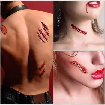 

30PCS Halloween Temporary Tattoo Sticker Long Lasting Horror Realistic Stitch Scar Wound Body Stickers