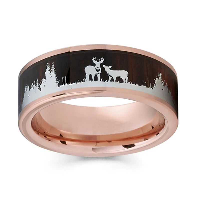 FDLK Tungsten Hunting Ring Wedding Band Wood Inlay Deer Stag Silhouette Ring finger ring,tungsten ring,wedding rings,wedding ring,animal ring