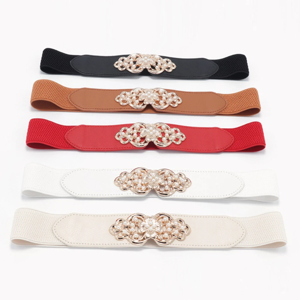 Women Retro Gold Floral Buckle Stretch Belt Lady Fashion Brief Vintage Wide Thin Skinny Elastic Waist Band 907