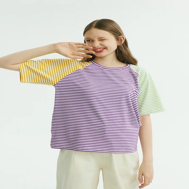 

Fashion Summer New Harajuku Original Design Summer Loose T-shirt For Women Color Block Stripe Tee Tops O Neck Tshirt