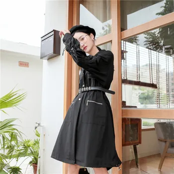 

Mid-length Zipper pocket Patchwork Off Shoulder Trench Coats Women Spring 2020 New Drawstring Black Long Casual Windbreaker coat