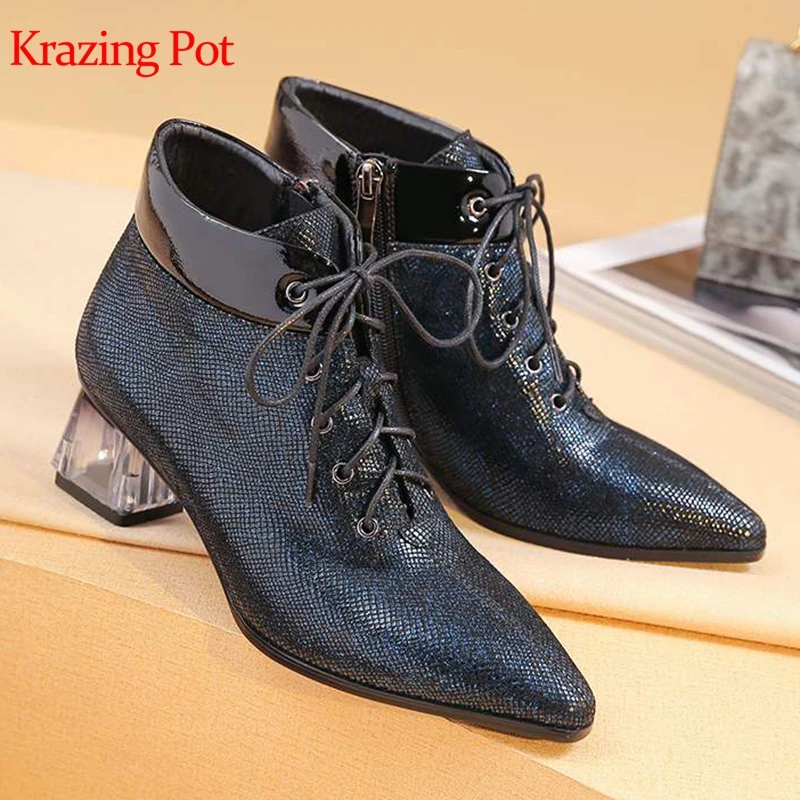 

Krazing pot special sheep leather crystal med heel oxfords elegant pointed toe lace up fairy princess keep warm ankle boots L6f6