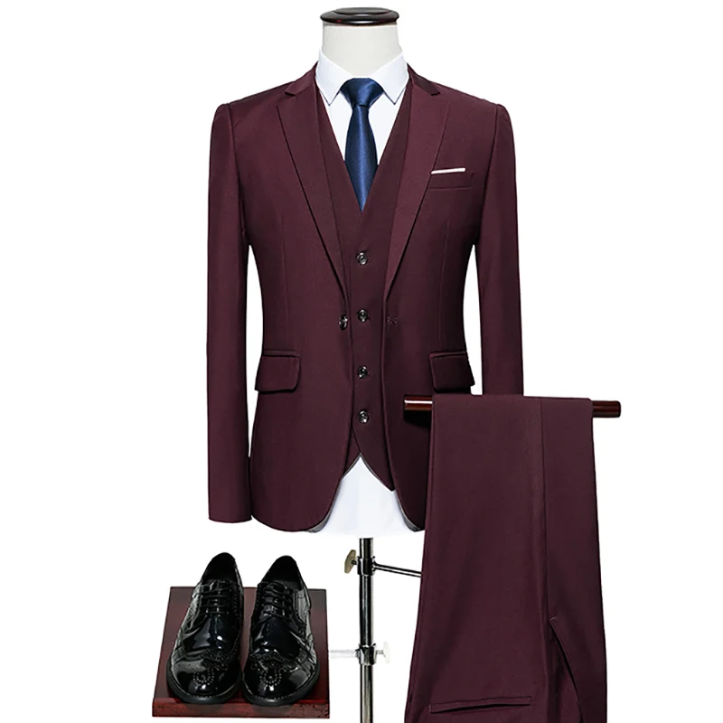 Мужские комплект из 3 предметов с блейзером одежда; брюки; жилет; спортивная куртка социальный костюм модные однотонные Цвет Бизнес мужской костюм комплект Повседневное Формальные M-5XL 6XL - Цвет: wine red